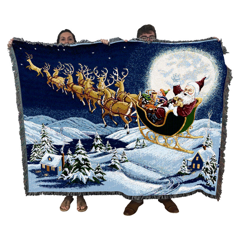Couverture magique de Noël Pure Country Weavers - Père Noël, Saint Nicolas, traîneau et rennes - Tapisserie tissée en coton - Fabriquée aux États-Unis (72 x 54)