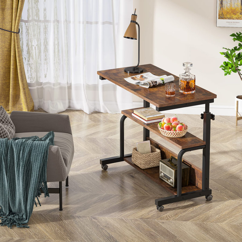 Alyiah Height Adjustable C Side Table With Wheels, Brown, Black