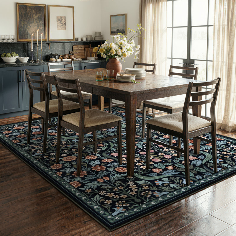 Tapis lavable à motif floral Kaldi, Rectangle 5 pi x 7 pi, Noir