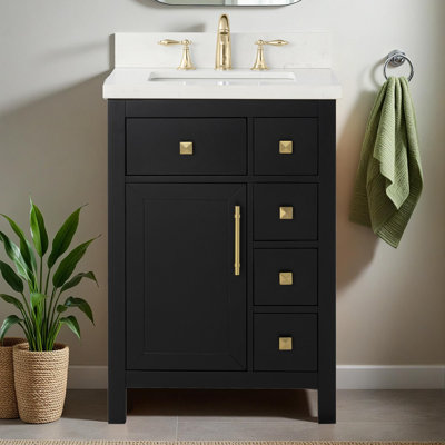 Meuble-lavabo 24 po avec lavabo Lavanti Oakford - 100% bois massif de qualité supérieure, meuble-lavabo noir élégant avec meuble de rangement