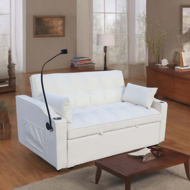 Canapé-lit en velours avec futon et causeuse, Beige