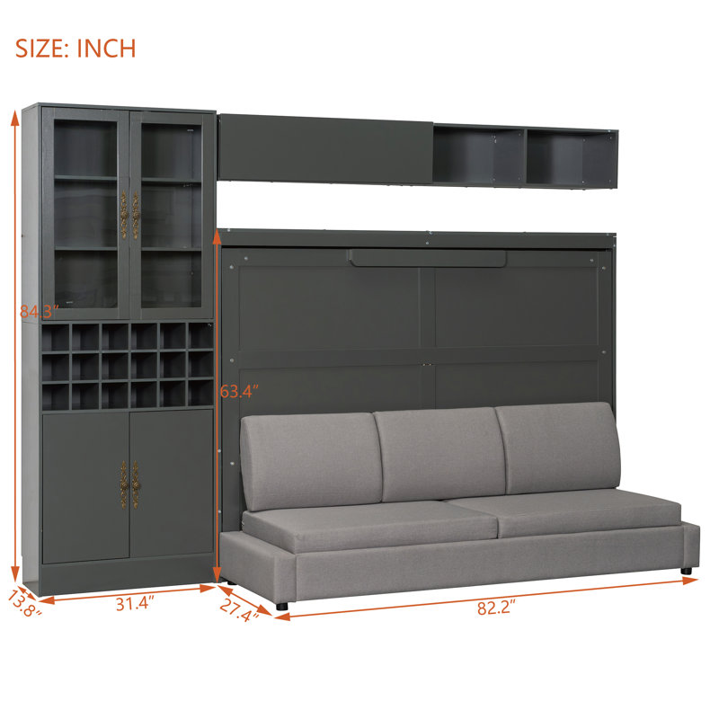  Lit escamotable double pleine grandeur avec canapé, tablettes de rangement, ports USB et éclairage, gris, gris, Double