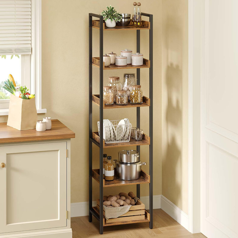 Bibliothèque d'angle étroite à 6 niveaux, présentoir et rangement en bois, 66.2" H x 15" W x 11" D, Brun rustique