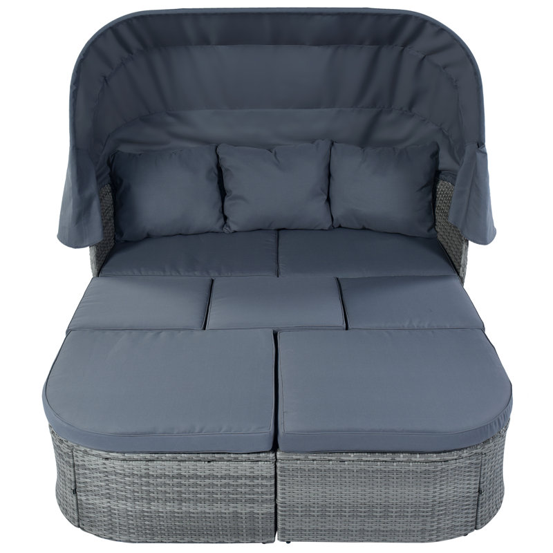 Ensemble de conversation d'extérieur en osier pour 7 personnes avec coussins, Gris
