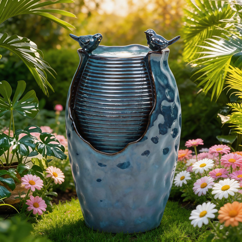 24.8" Ceramic Pot Floor Fountain, Weather-Resistant Outdoor Water Feature with LED Lights