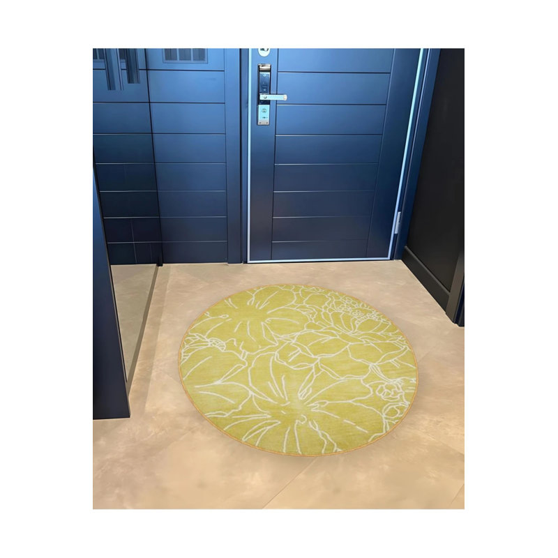 Yellow Linear Flowers Detailed Woven Base Modern Decorative Carpet, Round 2'8"