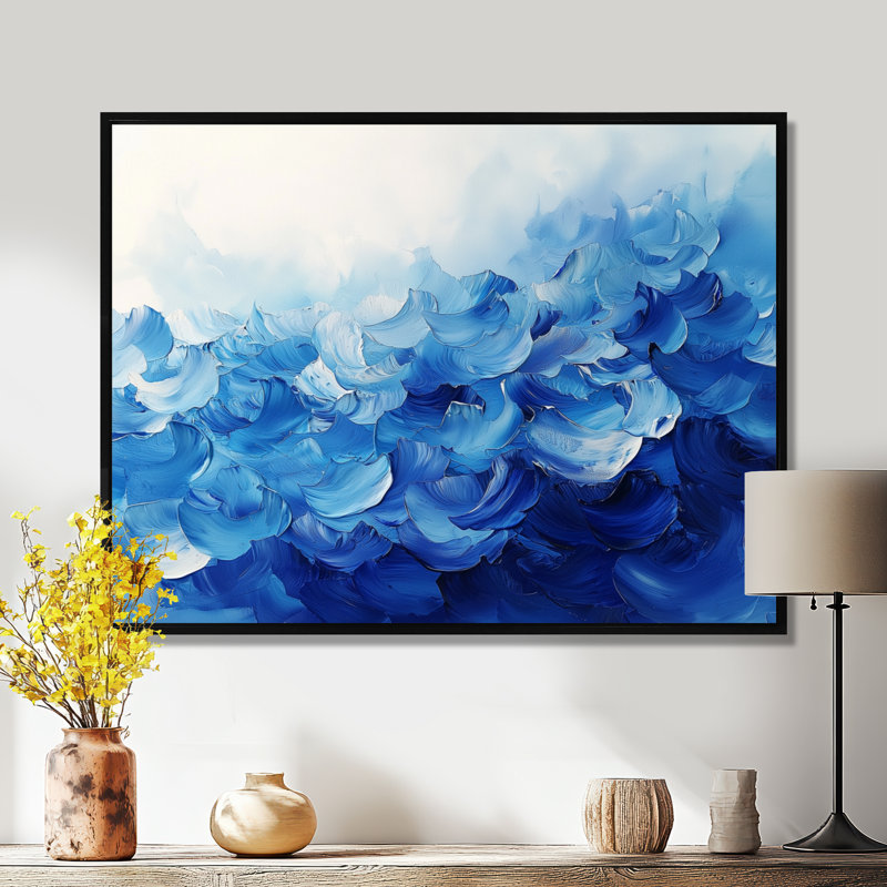 Bleu et blanc délicats pétales de fleurs II - fleurs, art mural, H 12 po x l 20 po, Picture Framed, Noir