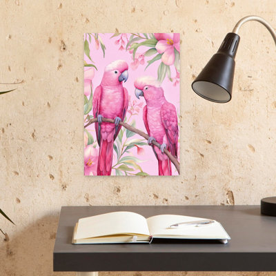 Pink Parrots On Branch Elegant Serene Abstract Bird Nature Tropical Wall Art Print 1 Piece Wrapped Canvas Wall Art