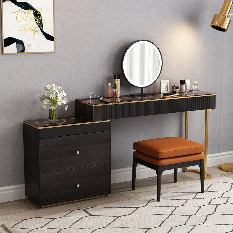 Maurece Solid and Manufactured Wood Glass Top Makeup Vanity with Power Outlet, Black/Gold