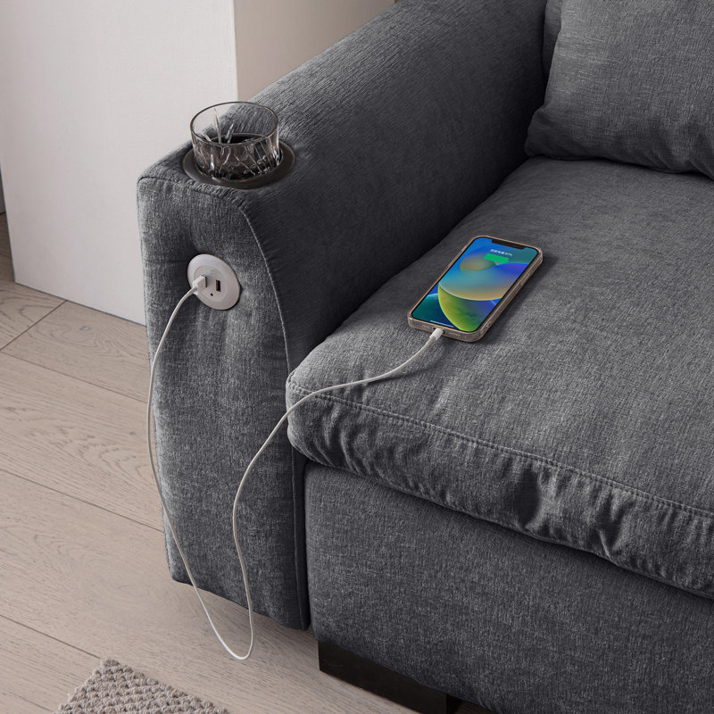 Chenille de 114,5 po avec housse réversible, porte-gobelet et rembourrage en mousse en L, Gris