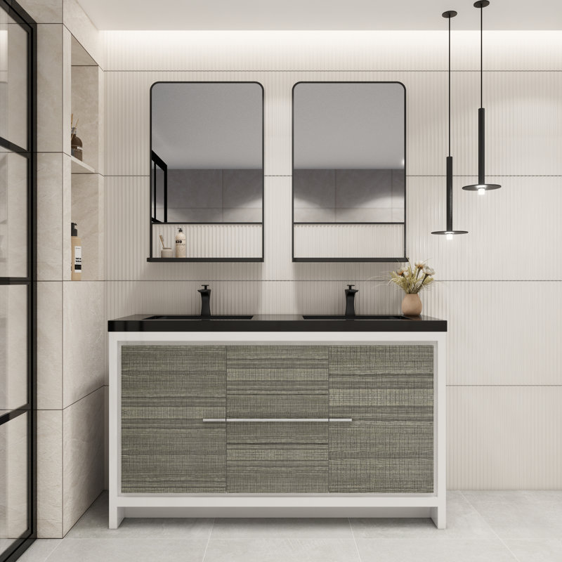 Ensemble de meuble-lavabo double 60 po Bayyinahi, Gris cendré ultrabrillant