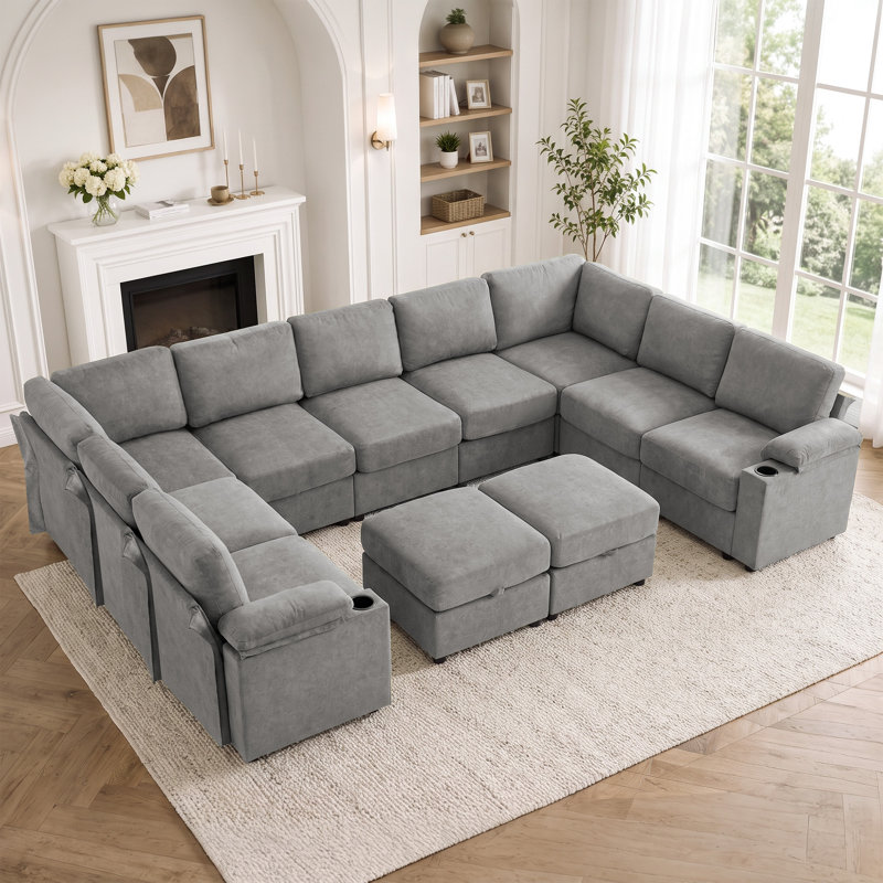 Canapé modulaire modulaire avec rangement dissimulé et porte-gobelets, 1 repose-pieds, Brun