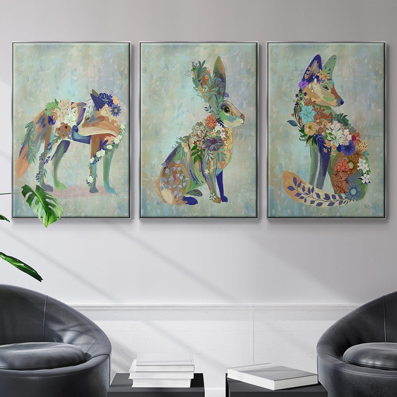 Fantastic Florals Fox, assis, impression sur toile 3 pièces, H 40 po x l 90 po x P 2 po, Argent