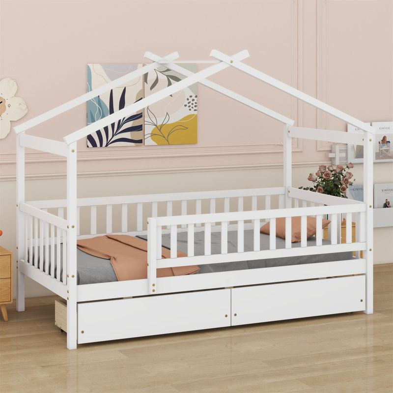 Lit en bois avec deux tiroirs, Blanc