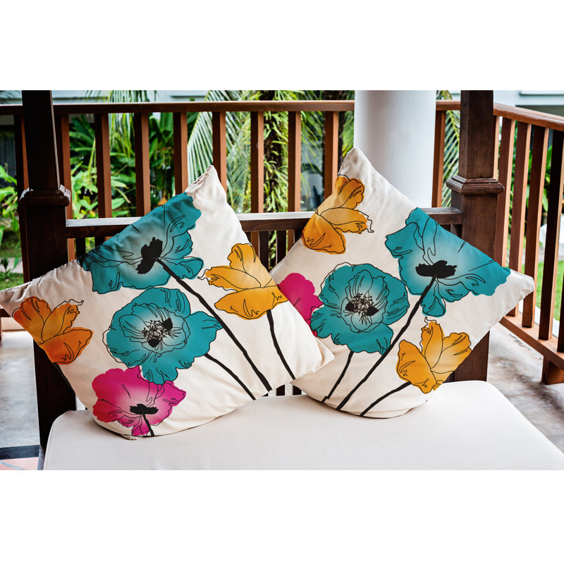 Coussin décoratif intérieur / extérieur Popping Poppies, Bleu, 16 po x 16 po