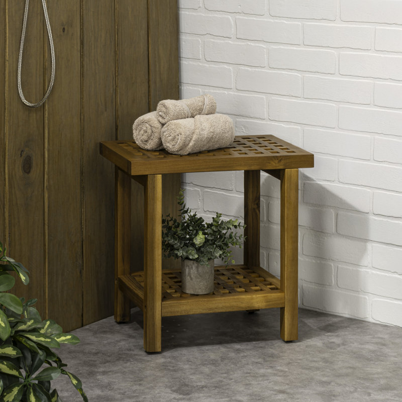 Armin 18" Modern Natural Acacia Wood Shower Stool with Storage Shelf, Heavy Duty Slatted Bath Spa Bench for Bathroom, Shower & Entryway