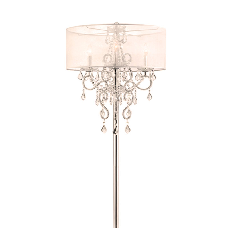 Lampe sur pied 63 po Mancil «Evangelia», finition argentée et accents de cristal, abat-jour transparent