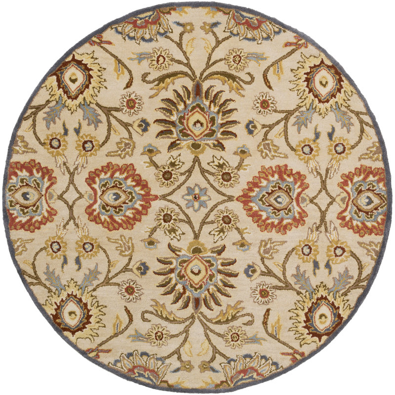 Tapis ivoire / denim / rouge en laine touffeté à la main Arden, Rond 9 pi 9 po