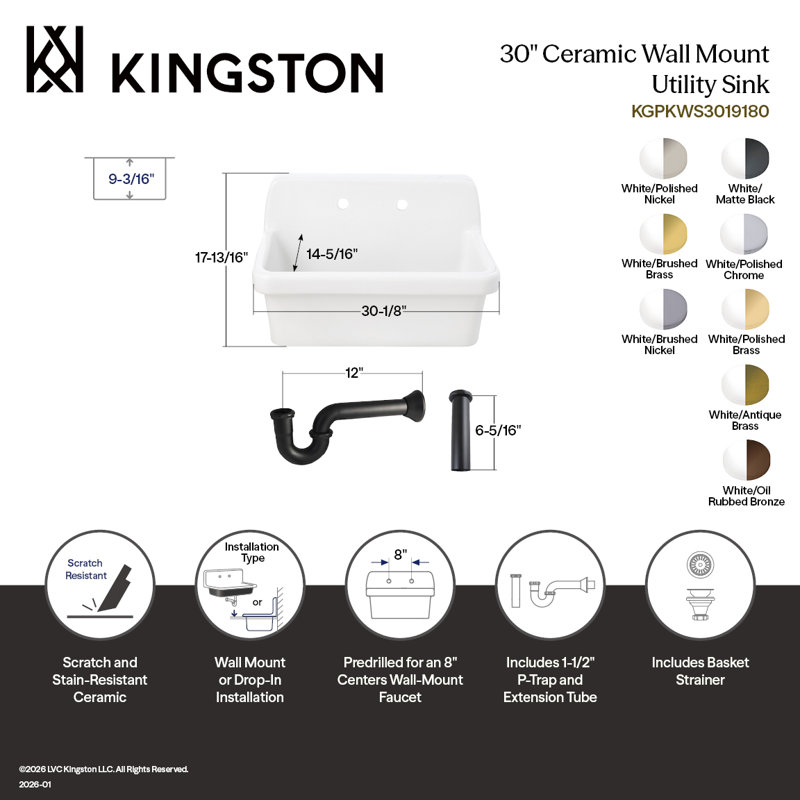 Kingston Brass Doriteal 30" Ceramic Single Bowl Wall Mount Kitchen Sink With Strainer, Brushed Brass