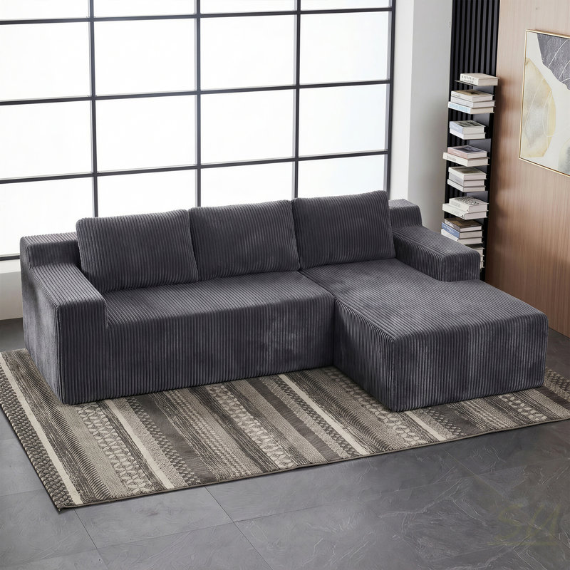 Canapé modulaire en L Corduroy, Velours côtelé gris antique