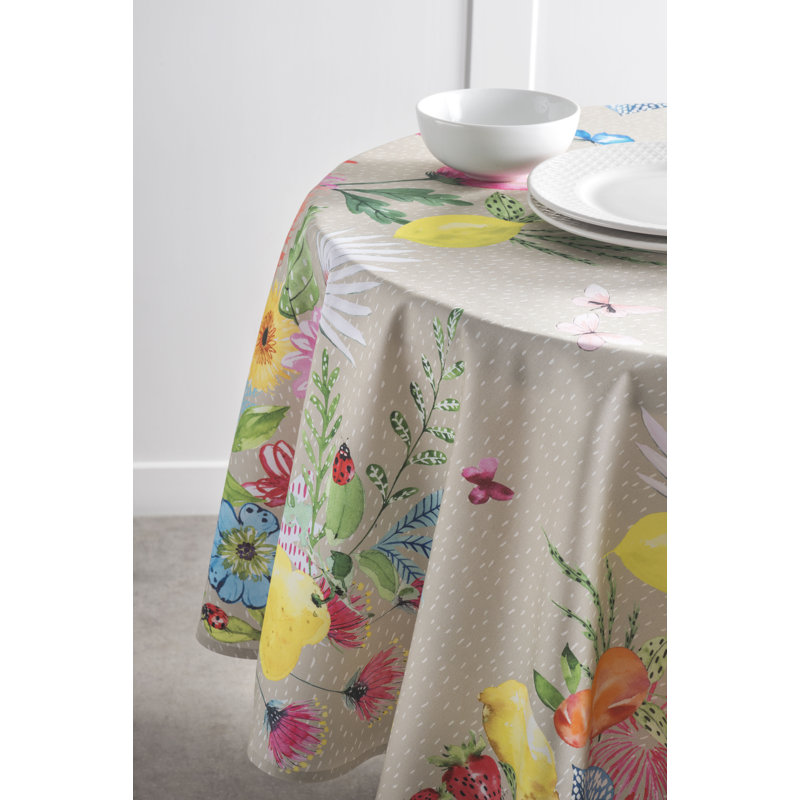 Floral 100% Cotton Round Tablecloth, 69" L x 69" W, Fog