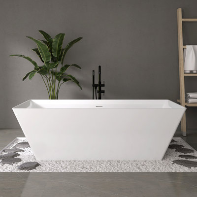 Fslefay 67'' Acrylic Freestanding Bathtub, Deep Soaking Bathtub with Chrome Pop-up Drain & Integrated Overflow for Bathroom Spa, Glossy White
