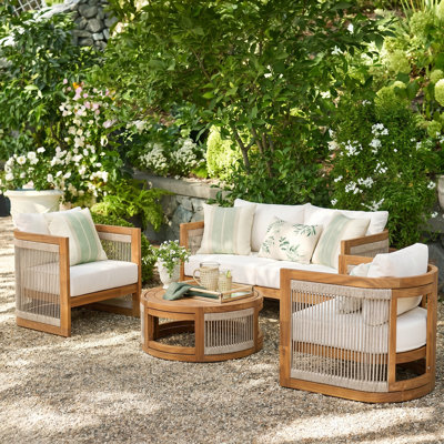 Aldo Outdoor 4-Piece Pe Rope Woven Conversation Set With Acacia Wood Frame