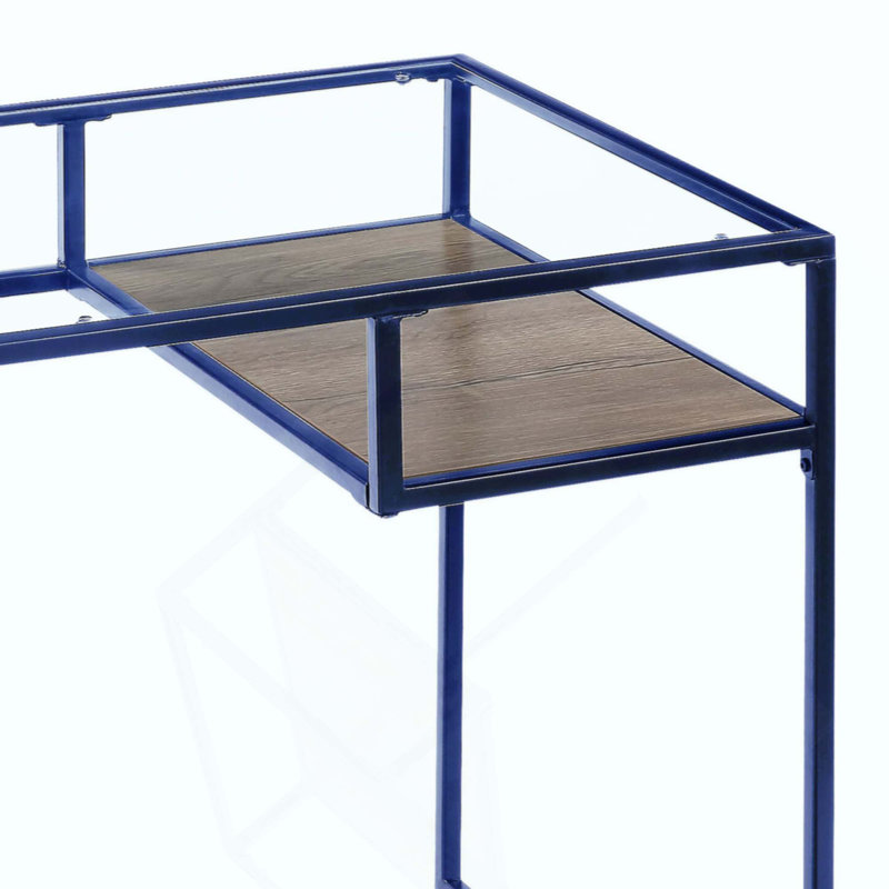 Bureau moderne avec plateau en verre avec rangement ouvert, parfait pour les espaces de travail contemporains et les bureaux à domicile.
