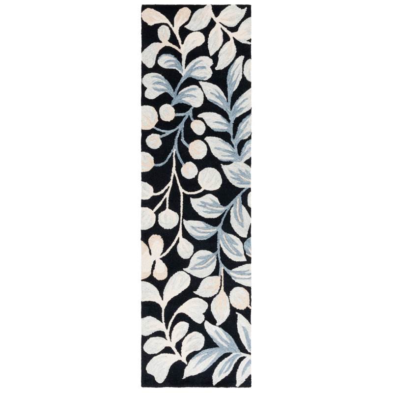 Jardin Tufted Wool Cotton Floral Rug in Ivory/Black, Runner 2'3" x 8'