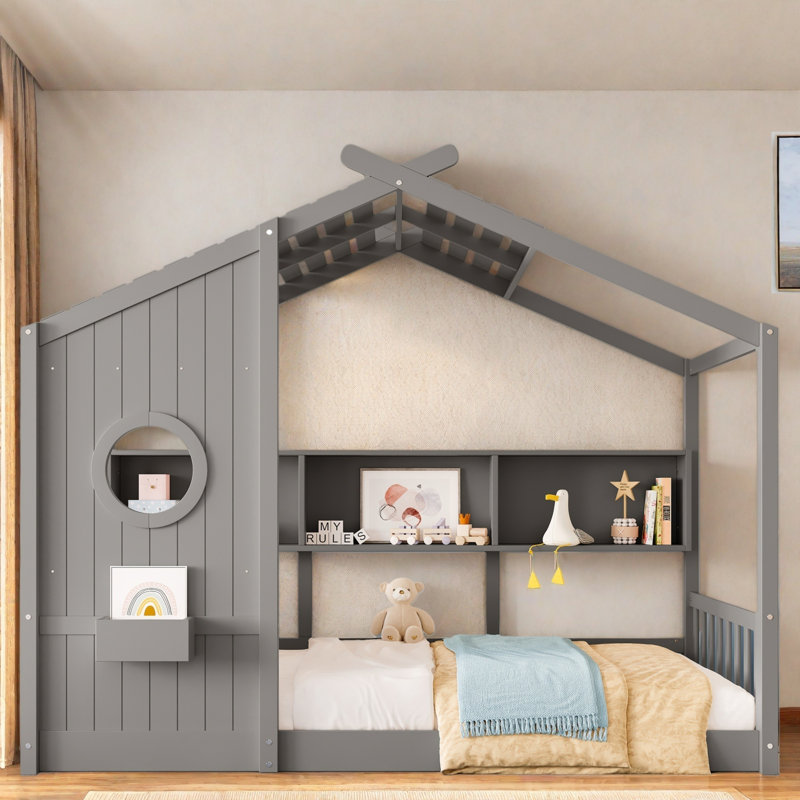 Lit sur pied avec tablettes de rangement, Lit simple, Gris