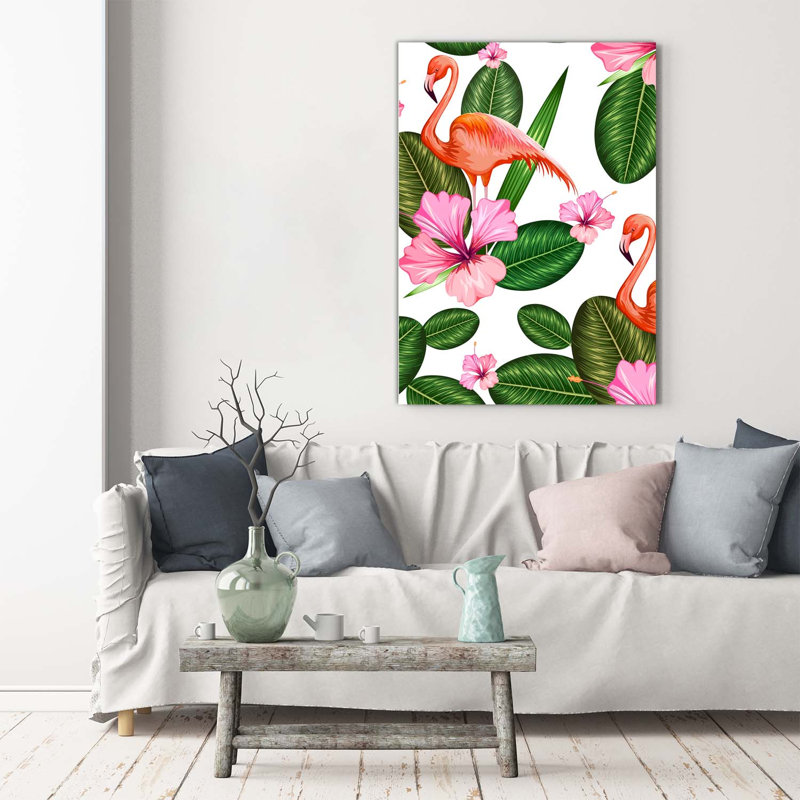 Flamingos And Flowers - Wrapped Canvas Print