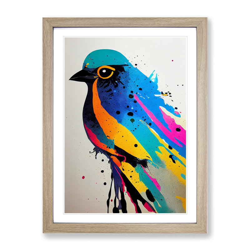 Bird Paint Drips No.5 - Wall Art, 36cm H x 27cm W x 2cm D, Oak Framed, White