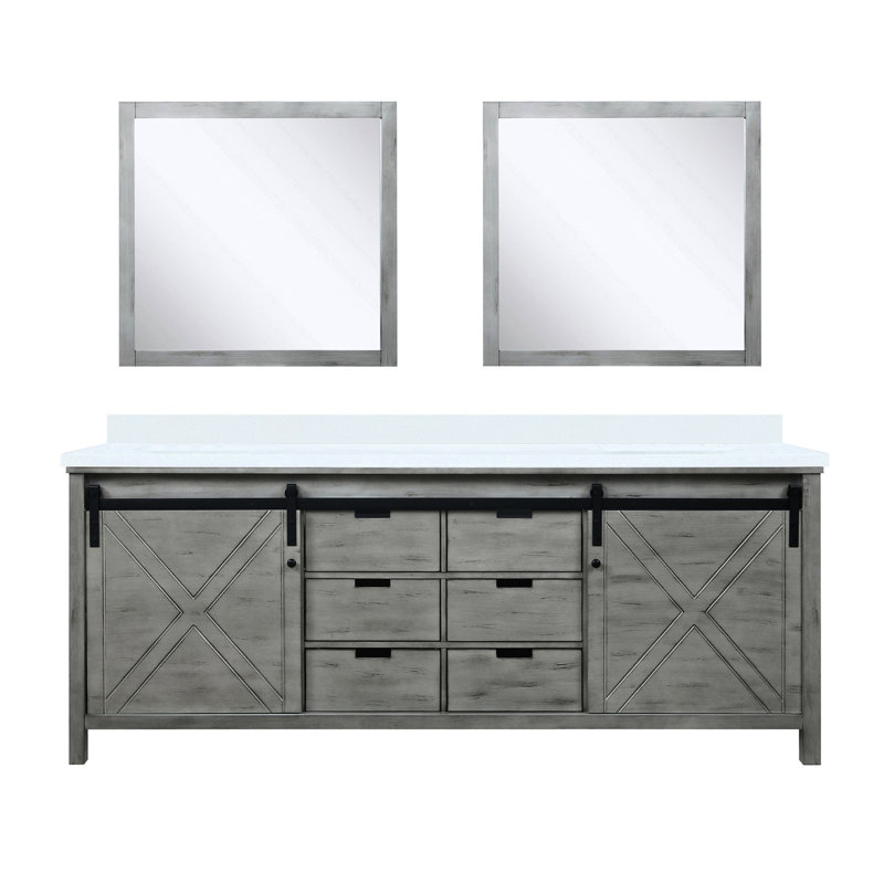 Meuble-lavabo double gris cendre 85,53 po W - Plateau en marbre de culture, 34 miroirs, et comptoir intérieur spacieux 84, deux armoires