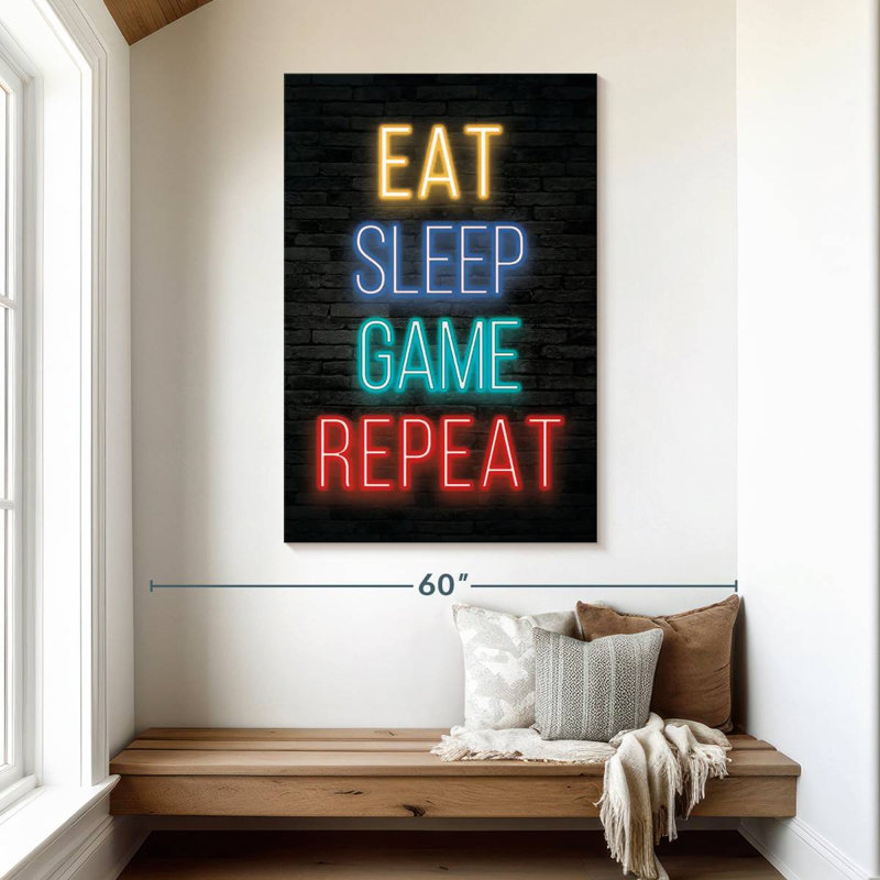 Neon Eat Sleep Game Répétition sur toile, H 48 po x l 32 po x P 1,25 po
