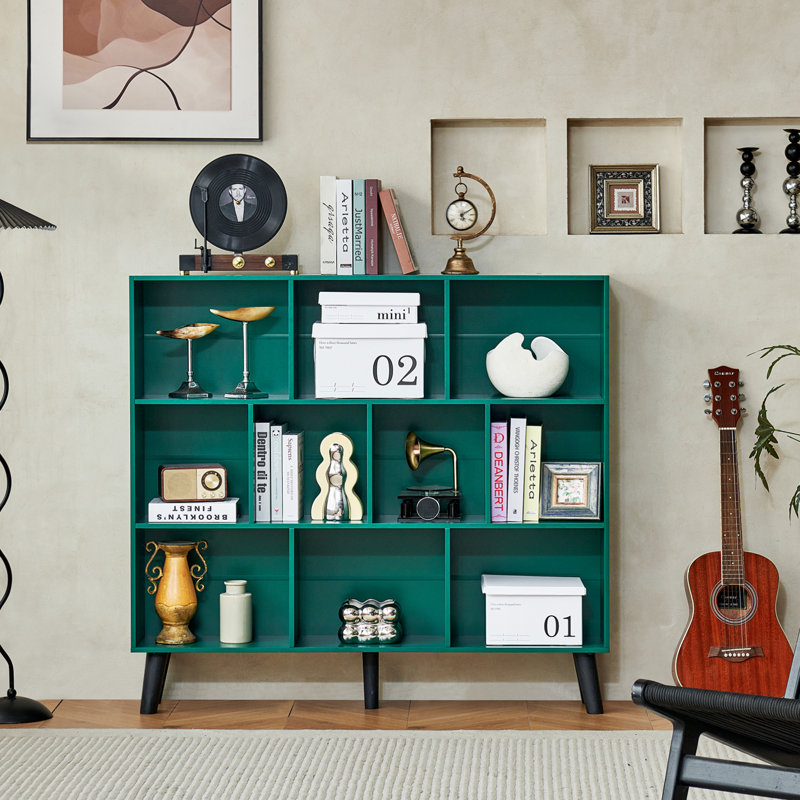 10 Cube Bookshelf,3 Tier Modern Wide Bookcase With Legs,Mid-Century Wood Bookshelves Storage，Retro Large Book Case,Freestanding Organizer Display Shelf For Bedroom,Living Room,Office