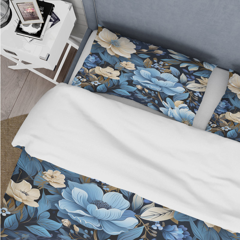 Ensemble de housse de couette Blue And Beige Peonies Boho Pattern II, Housse de couette pour très grand lit et 2 très