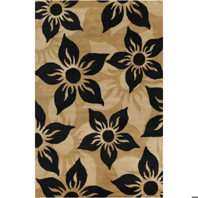 Tapis floral en laine touffeté à la main noir, crème et brun clair Billerica