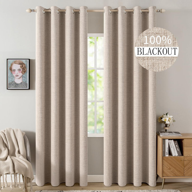 Rideaux 100% occultant et texturé en lin pour chambre à coucher avec passe-tringle isolant et isolant