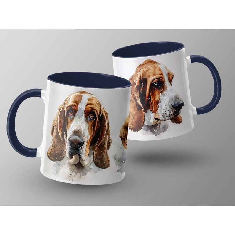 11oz Watercolour Basset Hound Dog Design Coffee Mug, 3, Navy