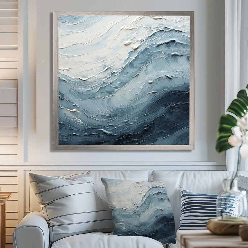 Minimalisme, peinture noire et bleue, vague II, H 24 po x l 24 po x P 1 po, Cadre simple argenté