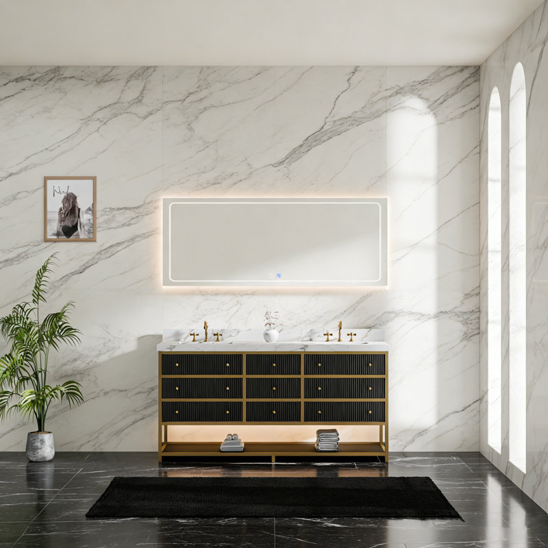 Meuble-lavabo double 72 po avec comptoir en pierre d'ingénierie, double lavabo sous comptoir, tablette DEL et 7 tiroirs à fermeture en douceur - armoire noire ou blanche avec cadre doré
