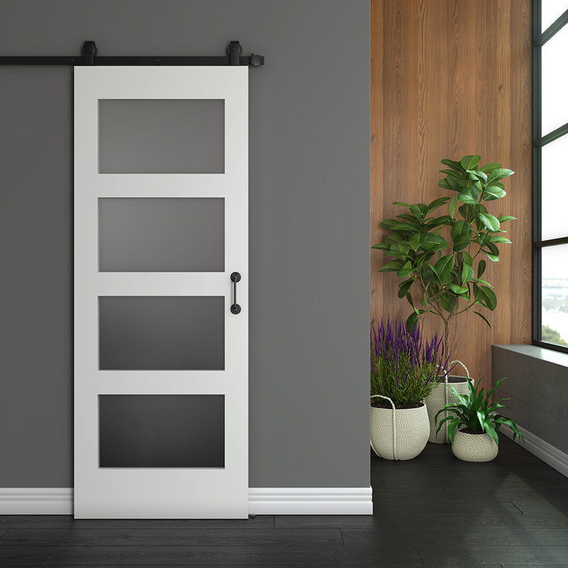 32'' x 84'' White Primed Frosted Glass 4-Panel Barn Door
