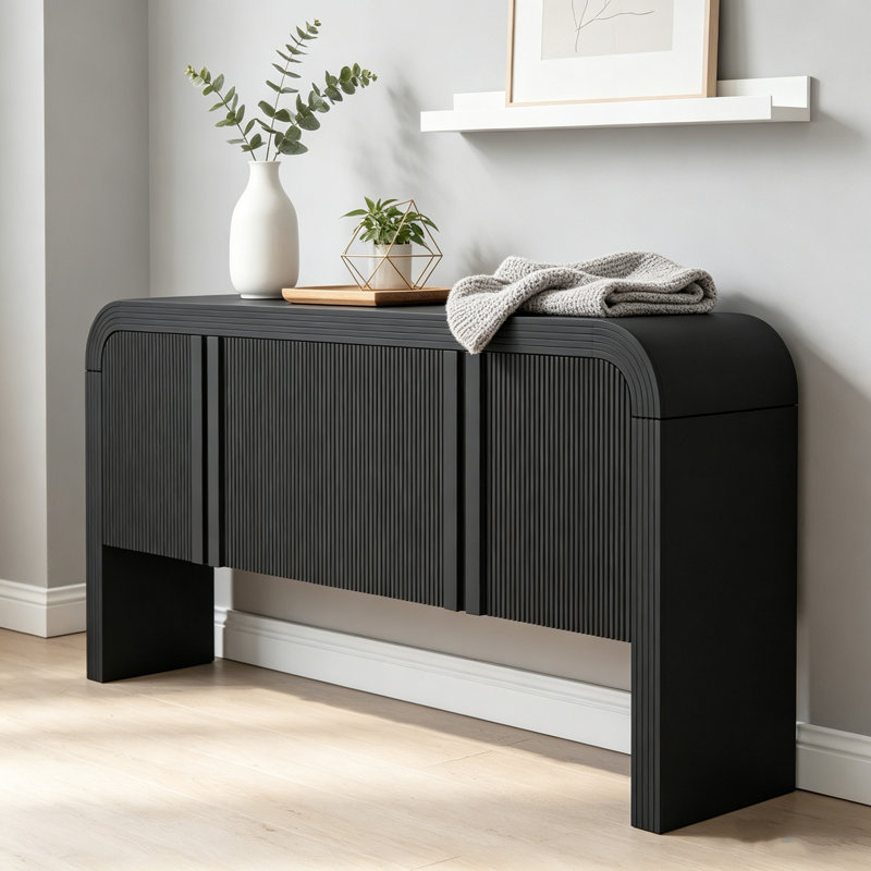 62.2'' Rustic Wave-Pattern Console Table With 4 Doors & Adjustable Shelf, Curved Sofa Table For Living Room, Foyer & Hallway
