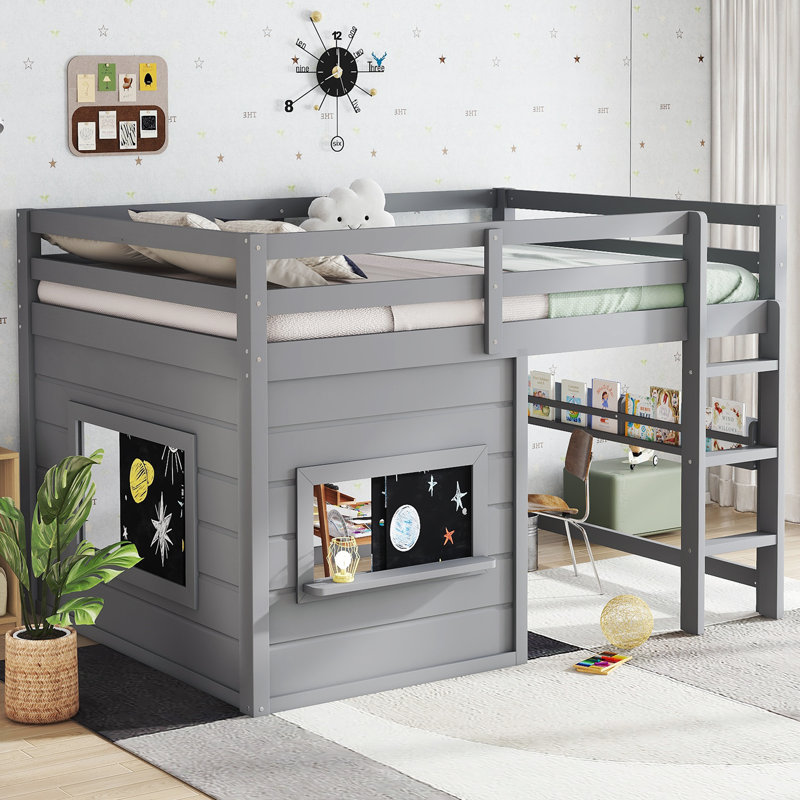 Full Size Wood Loft Bed Frame With Playful Sliding Chalkboard, Built-in Bookshelf And Safety Rails For Kids Teens Girls Boys,space-saving, Quiet Design, No Spring Mattress Required(gray)