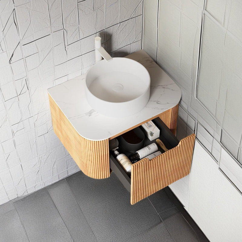 Meuble-lavabo mural 24 po avec lavabo en céramique, armoire de rangement pré-assemblée, comptoir en marbre artificiel blanc, robinet non inclus,