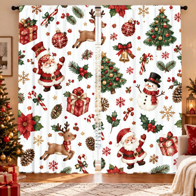2 pièces de rideaux festifs à motif de Noël, père Noël, bonhomme de neige, renne, arbre, cadeaux, houx, conception de canne de bonbon, filtrage de la lumière, protection de la vie privée, passe-tringle, lavable à la machine, décoration pour le salon, la chambre à coucher, les fêtes