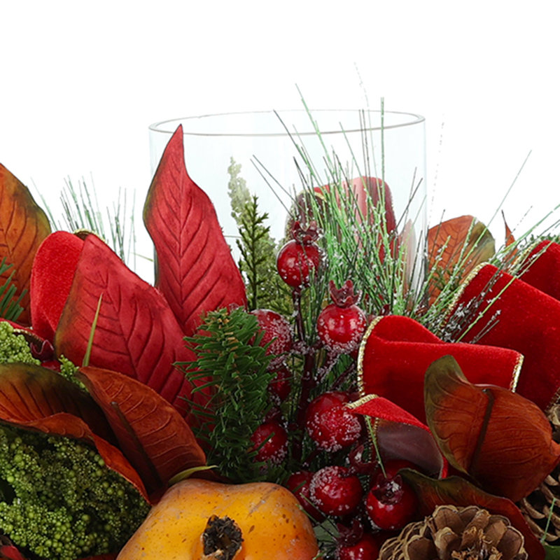 Holiday Candleholder Arrangement with Evergreens and Pinecones