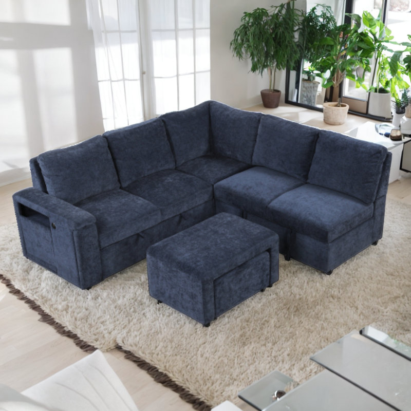 Melihate Upholstered L-Shaped Sectional with Ottoman Symmetrical, Blue Polyester