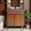 Meuble-lavabo autoportant de 30 po de style Mid-Century moderne avec lavabo en céramique et plateau en pierre frittée - porte à fermeture en douceur et 3 tiroirs, finition noyer avec accents dorés, armoire de rangement en bois massif multicouche-1260066315