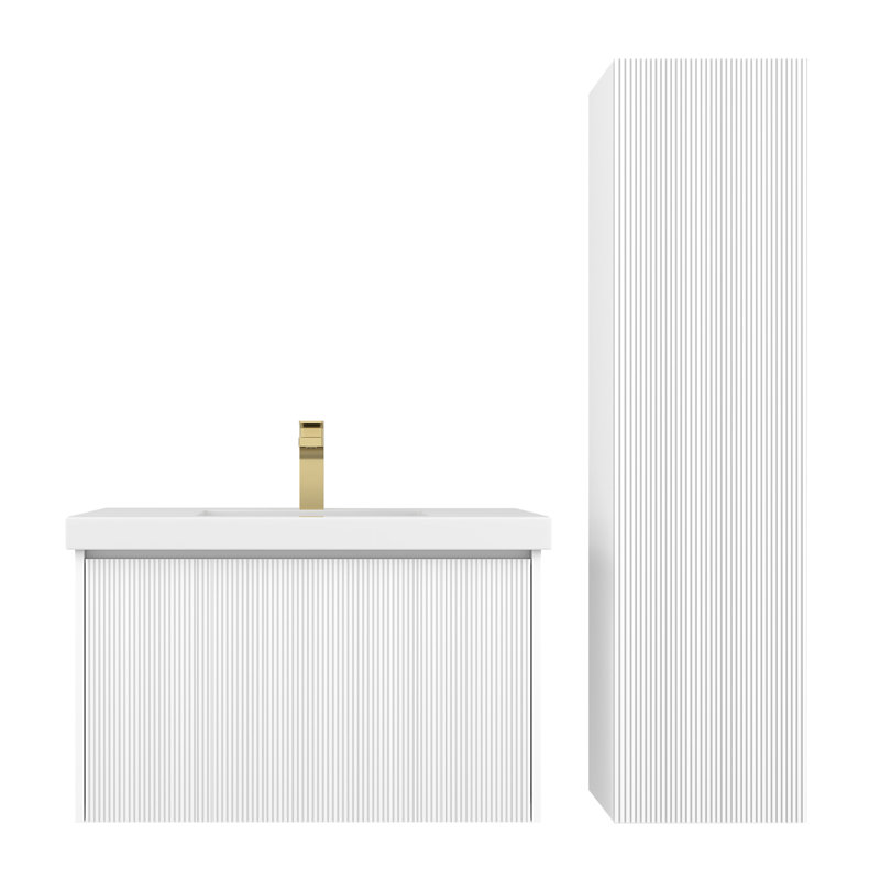 Ledell 30'' Wall-Mounted Bathroom Vanity with Acrylic Sink and Side Cabinet – Fluted Front, Soft-Close Drawers, Matte White